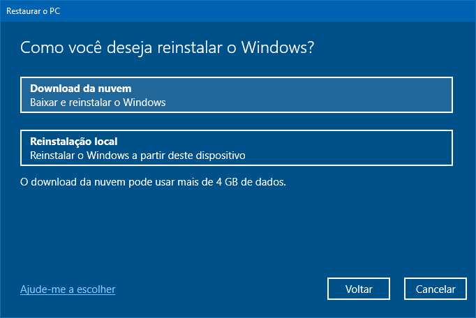 selecionar a opção de Reinstalação local
