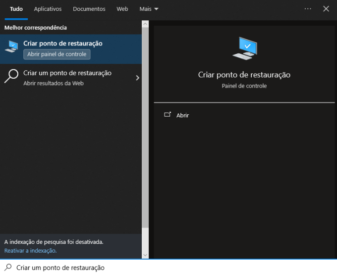 abrir Criar um ponto de restauração
