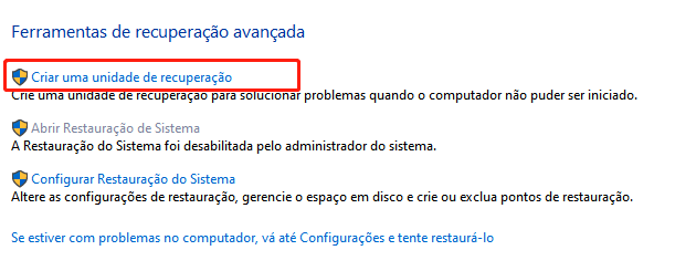 crie uma unidade de recuperação agora