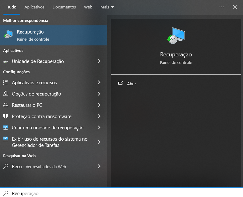 selecione recuperação Recovery