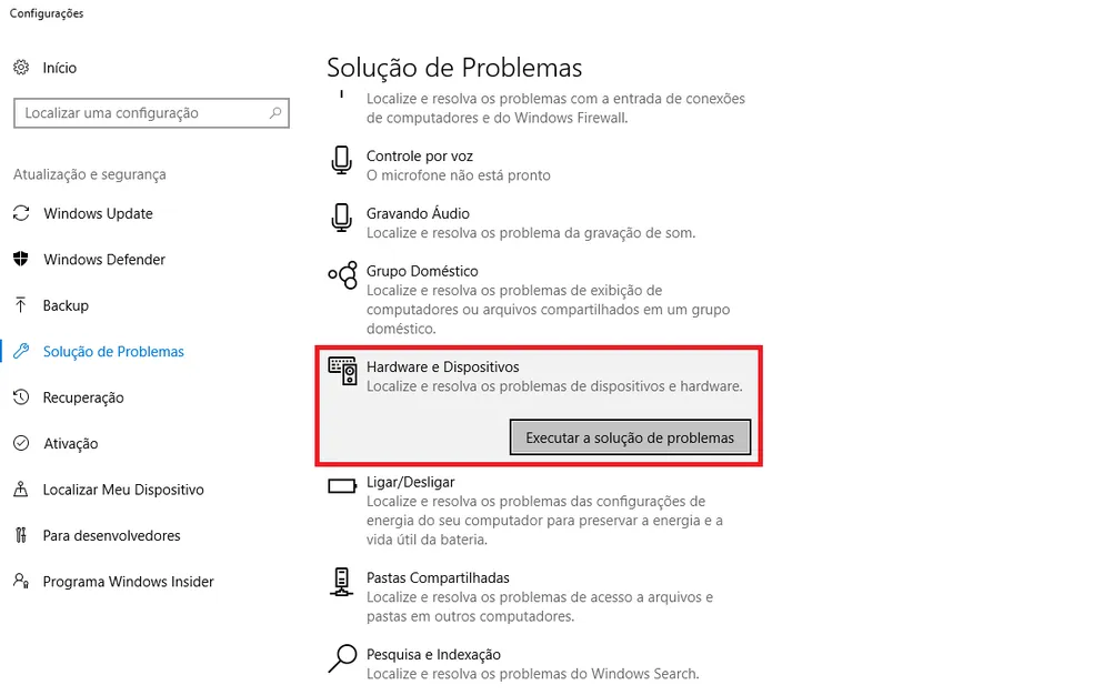 execute o solucionador de problemas no Windows 10