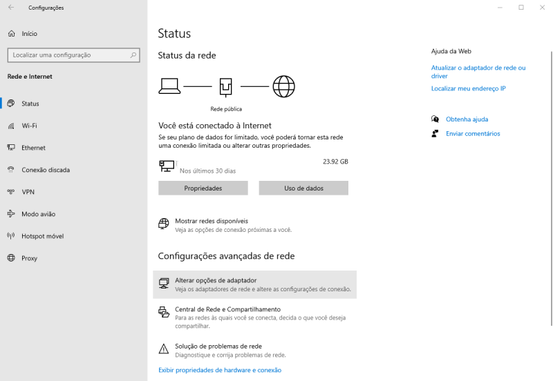 alterar opções de adaptador