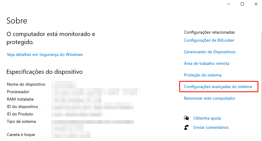 configurações avançadas do sistema