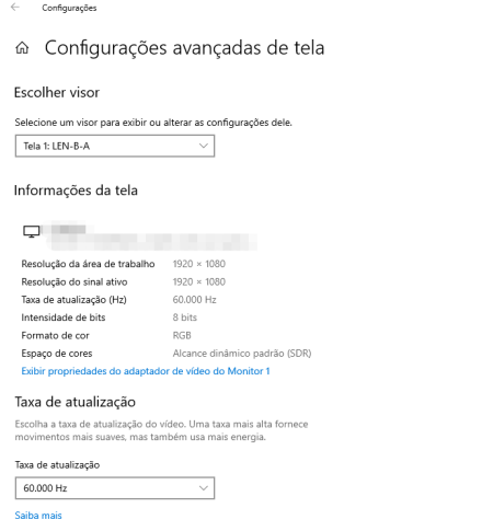 taxa de atualização da tela