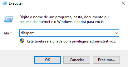 insira diskpart na caixa de diálogo Executar