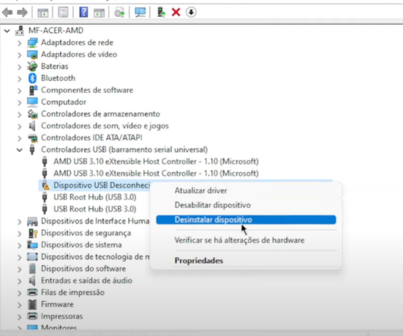 dispositivo usb desconhecido (falha na solicitação do descritor de dispositivo)