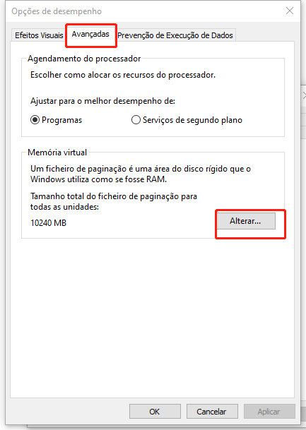 clique em Alterar na seção Memória Virtual
