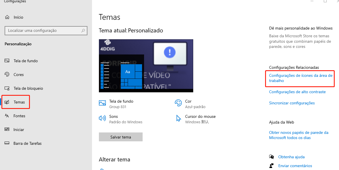 Configurações de ícones da área de trabalho