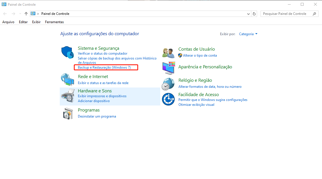 clique em Backup e Restauração (Windows 7)