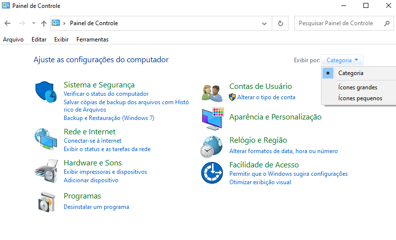 opções de visualização do painel de controle no Windows
