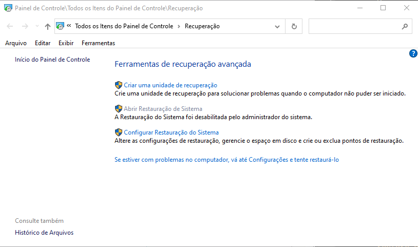 selecione Abrir Restauração do Sistema