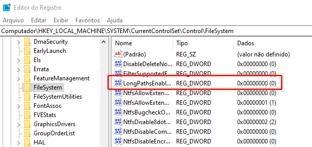 Localize o LongPathsEnabled para corrigir o erro 0x80010135