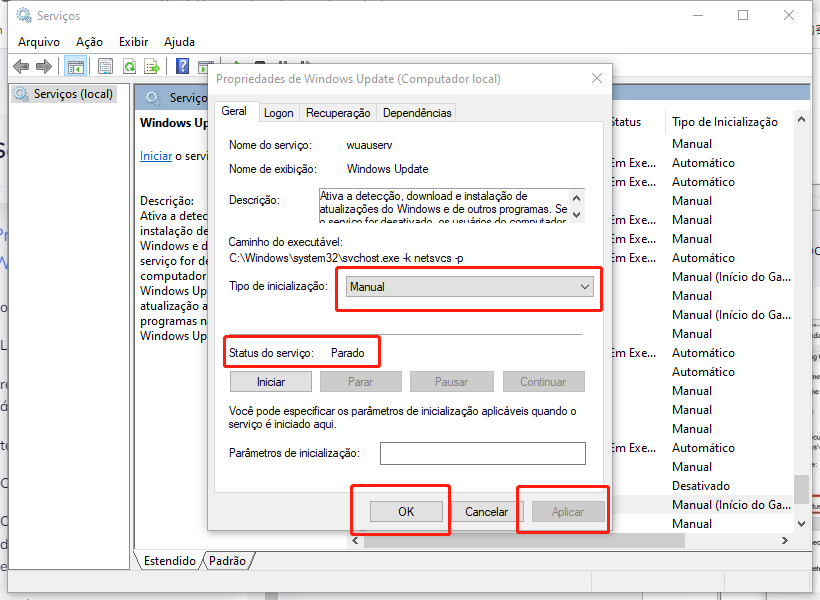 altere o tipo de inicialização do Windows Update para automático