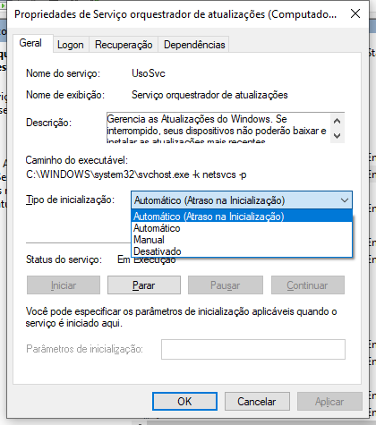 menu de tipo de inicialização