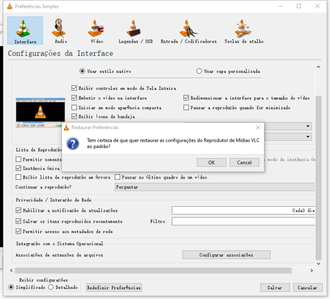 restaure as preferências do vlc