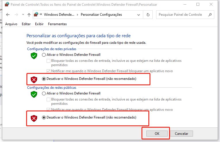 Desative o Windows Defender Firewall para corrigir o erro de atualização do Windows 0x800f0922
