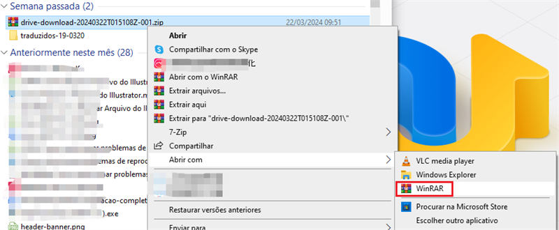 reparar arquivo zip corrompido usando o winrar - passo 1