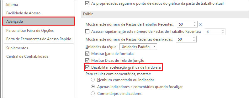 desabilite a aceleração gráfica do hardware no excel