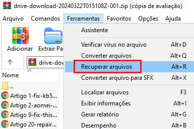 reparar arquivo zip corrompido usando o winrar - passo 2