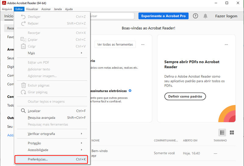 configuração do preferências