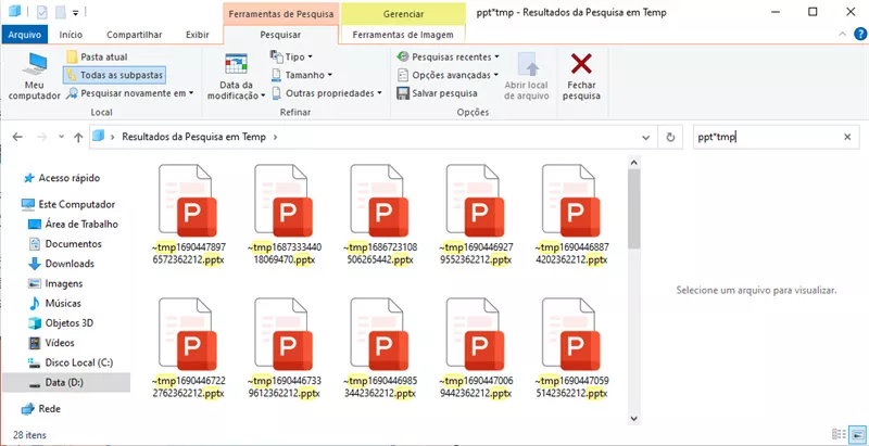 localize o arquivo temporário do arquivo powerpoint corrompido