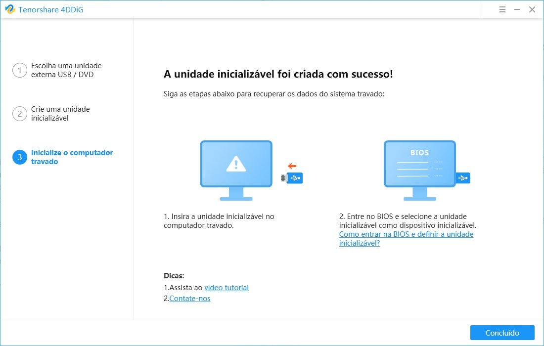crie uma unidade inicializável com sucesso