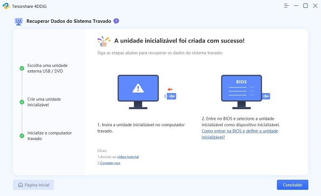 crie uma unidade inicializável com sucesso