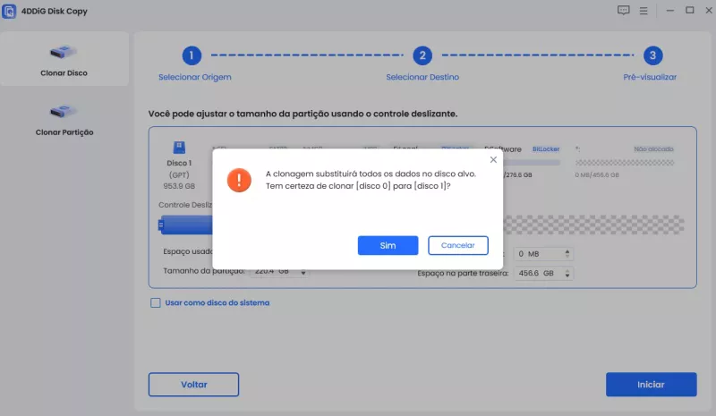 clicar em confirmar para clonar o disco