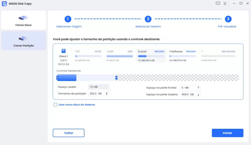 visualizar e redimensionar partições clonadas