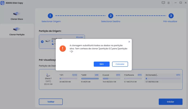 Confirmar clonagem de partição