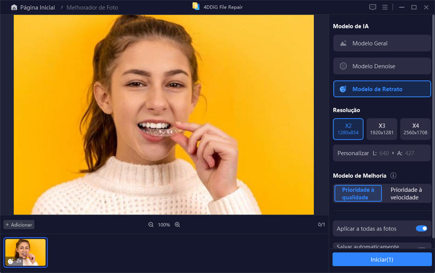 Selecione o modelo de IA e a resolução das fotos