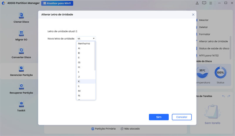 selecione uma nova letra de unidade