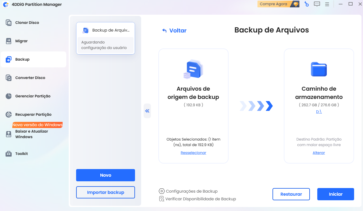 escolha o caminho de armazenamento e inicie o backup