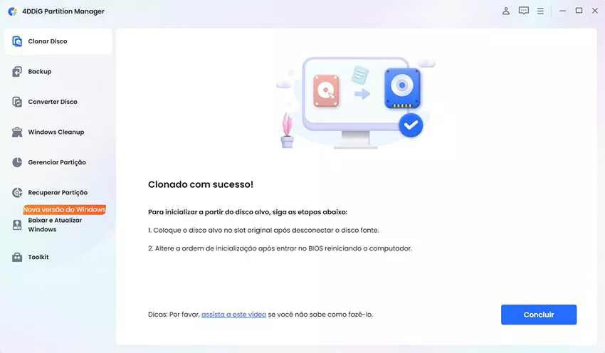 clonou com sucesso o disco do sistema operativo