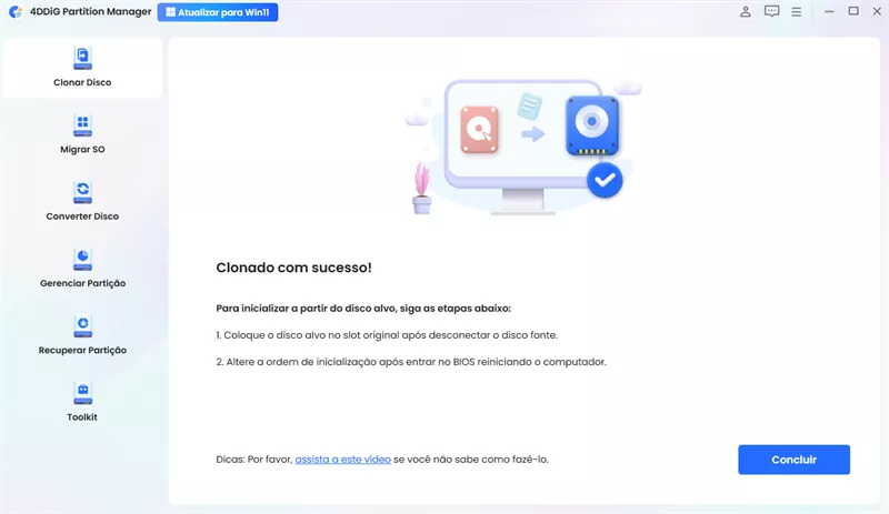Backup e clonagem do HD concluído com sucesso