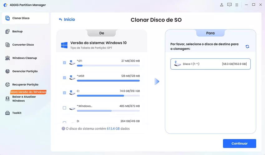 Selecione um disco de destino