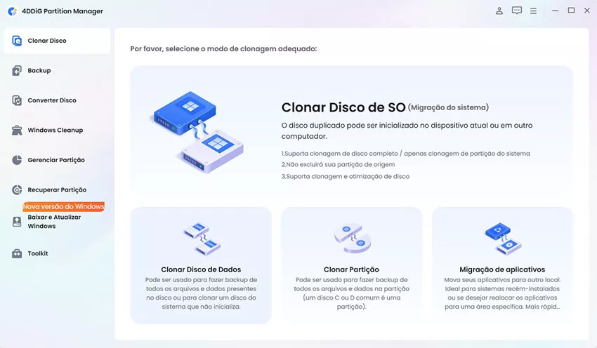 Selecionar Clonar disco de dados