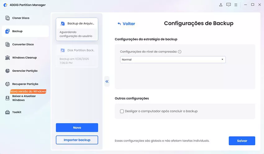 personalizar as definições de cópia de segurança