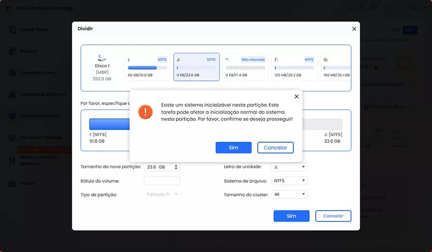 Clique em Sim para dividir a partição