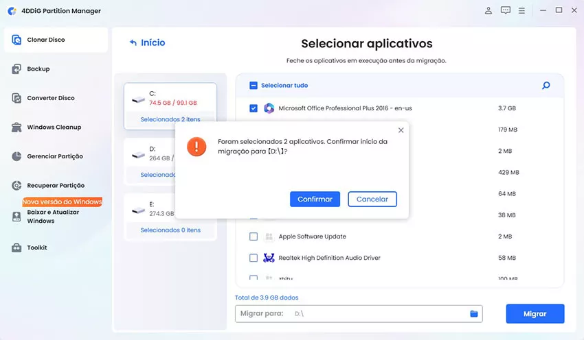 click migrate and confirm to start