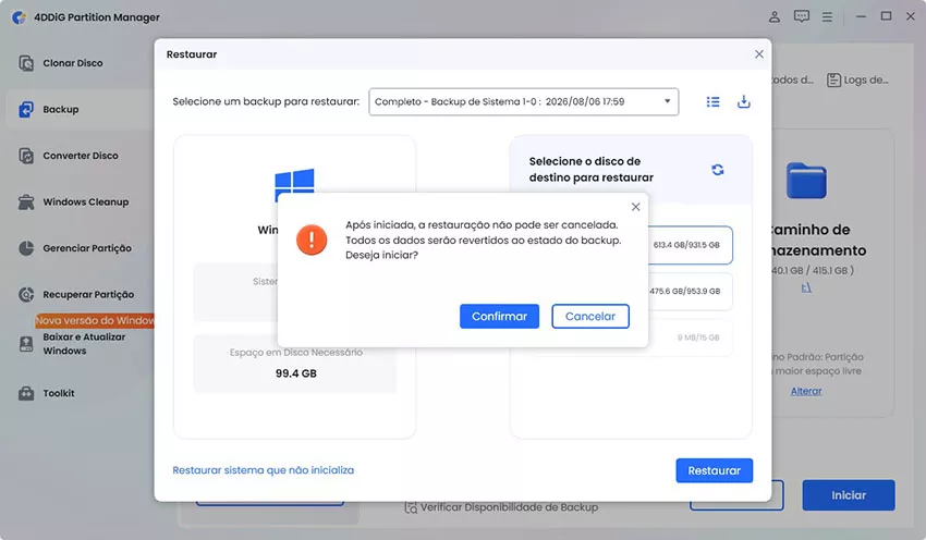 Confirme para iniciar a restauração