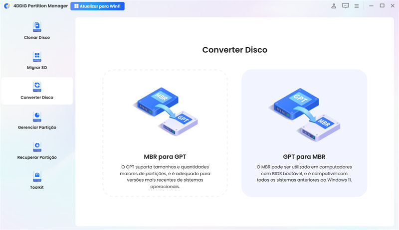 selecione Converter Disco no painel de navegação esquerdo
