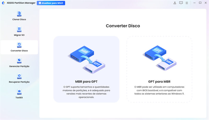 selecione Converter Disco no painel de navegação esquerdo