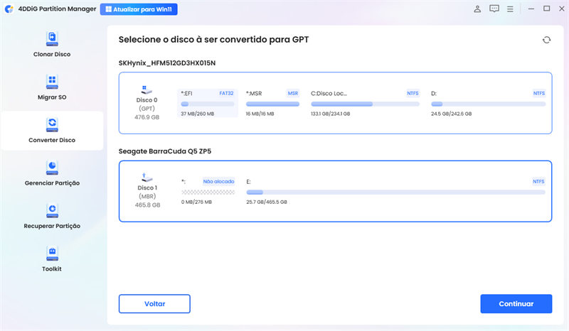 Selecione o disco que deseja converter