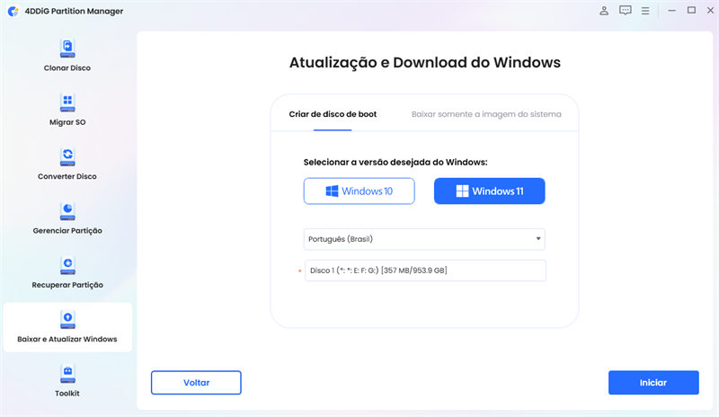 selecione o disco externo conectado e clique em iniciar