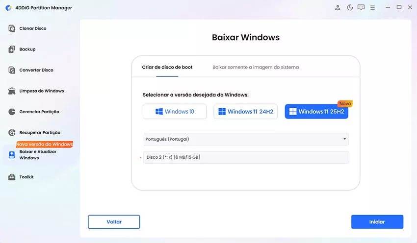 Selecione o disco rígido externo ligado e clique em «Iniciar»
