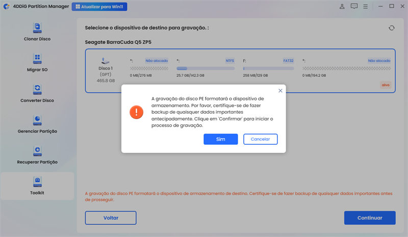 confirmar a criar a mídia de inicialização WinPE