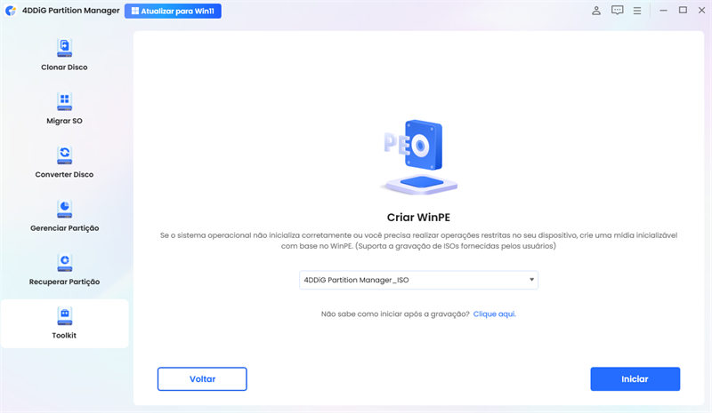 clique no botão iniciar para criar a mídia de inicialização WinPE