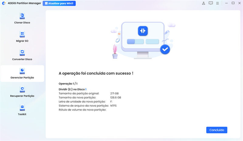 dividir a partição com sucesso