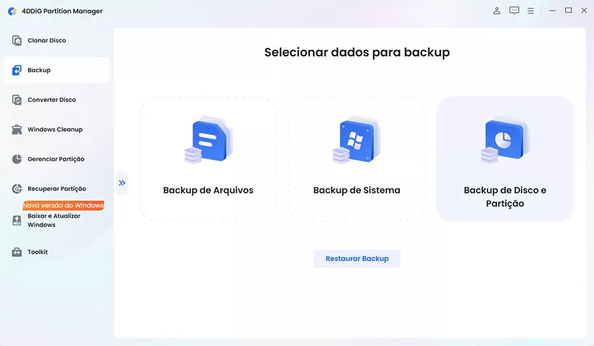 selecionar o backup do disco ou da partição
